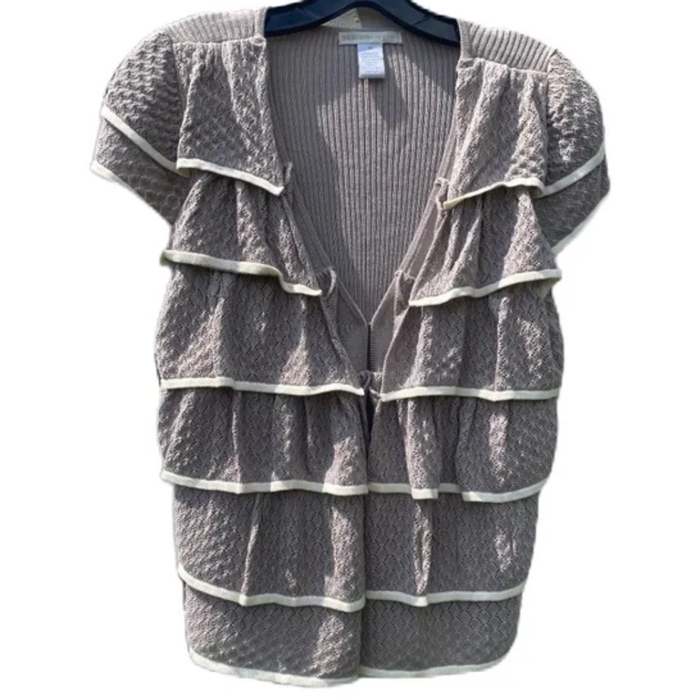 Design History ruffle cardigan sweater vest taupe cream Medium